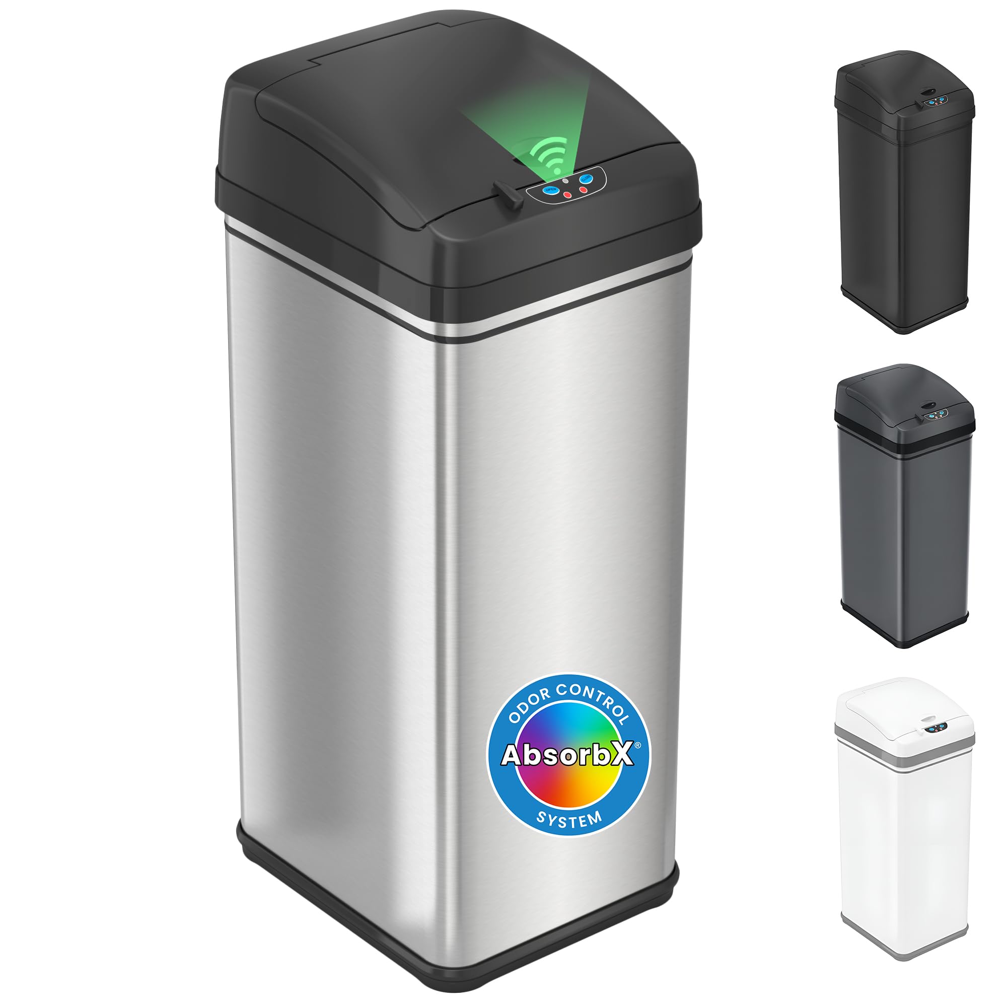 iTouchless front view showing sleek stainless shape and touchless convenience