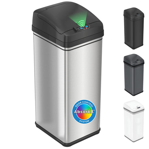 iTouchless front view showing sleek stainless shape and touchless convenience