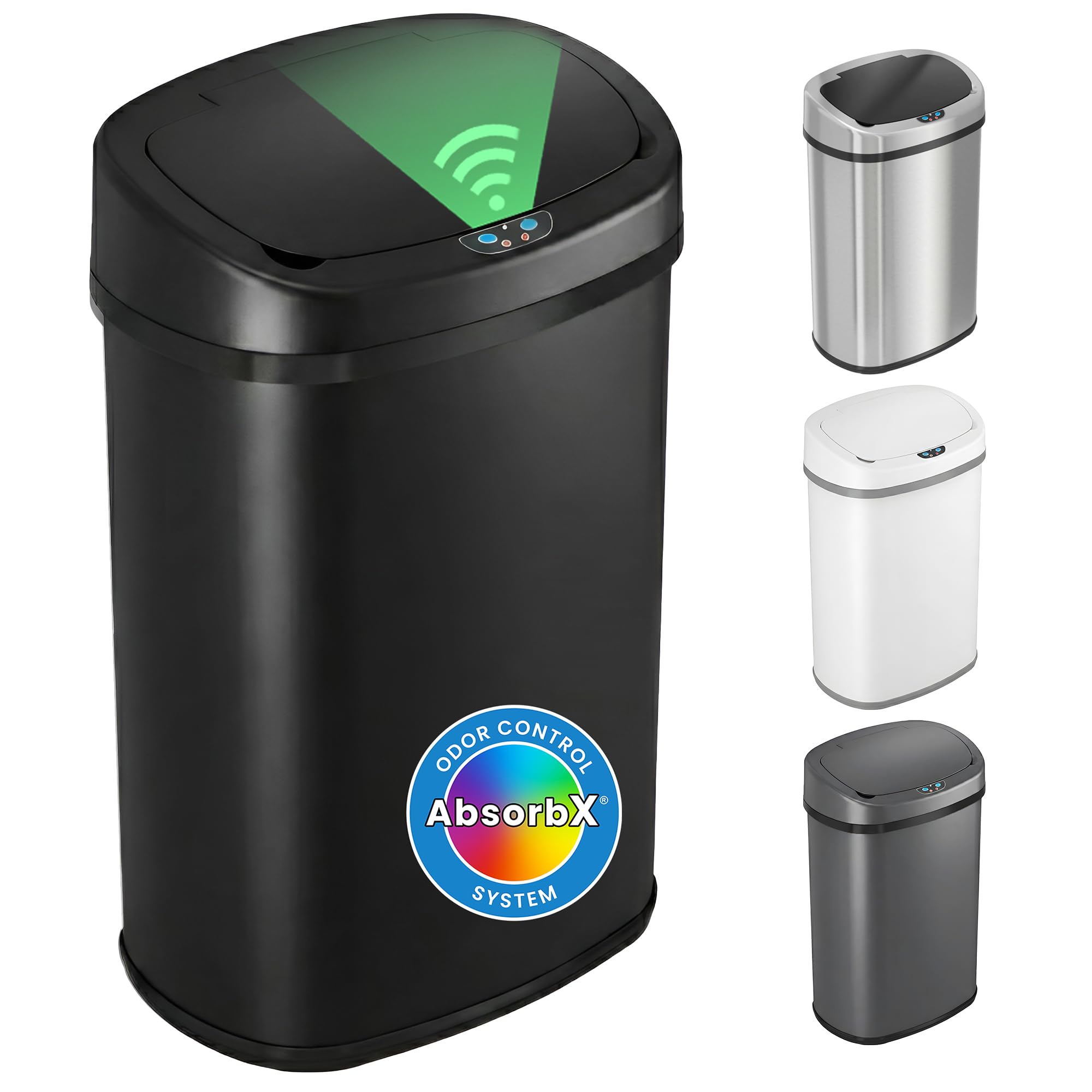 iTouchless front view showing sleek matte black and hygienic hands-free benefit