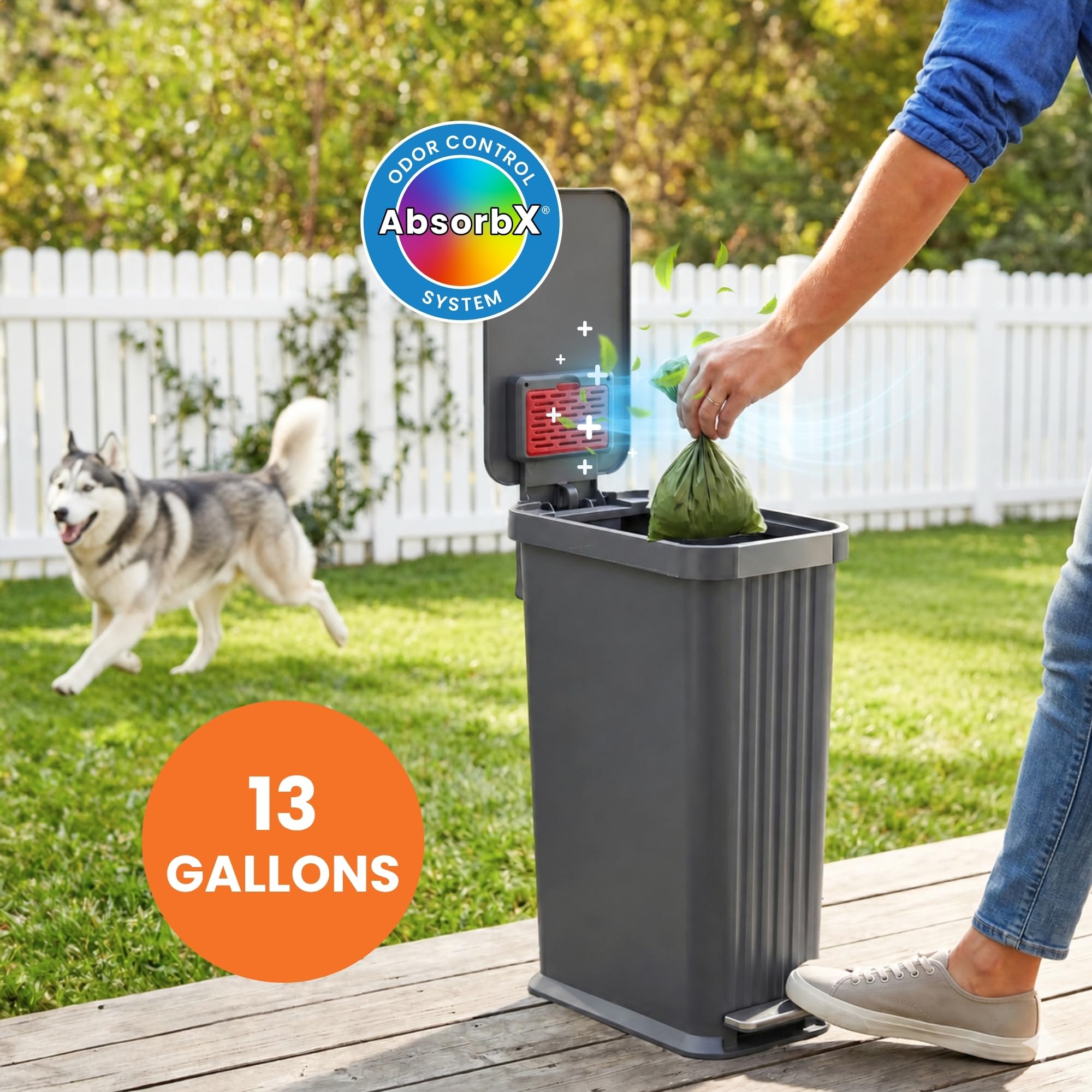 iTouchless AbsorbX filter close-up under lid capturing pet waste smells for fresher rooms