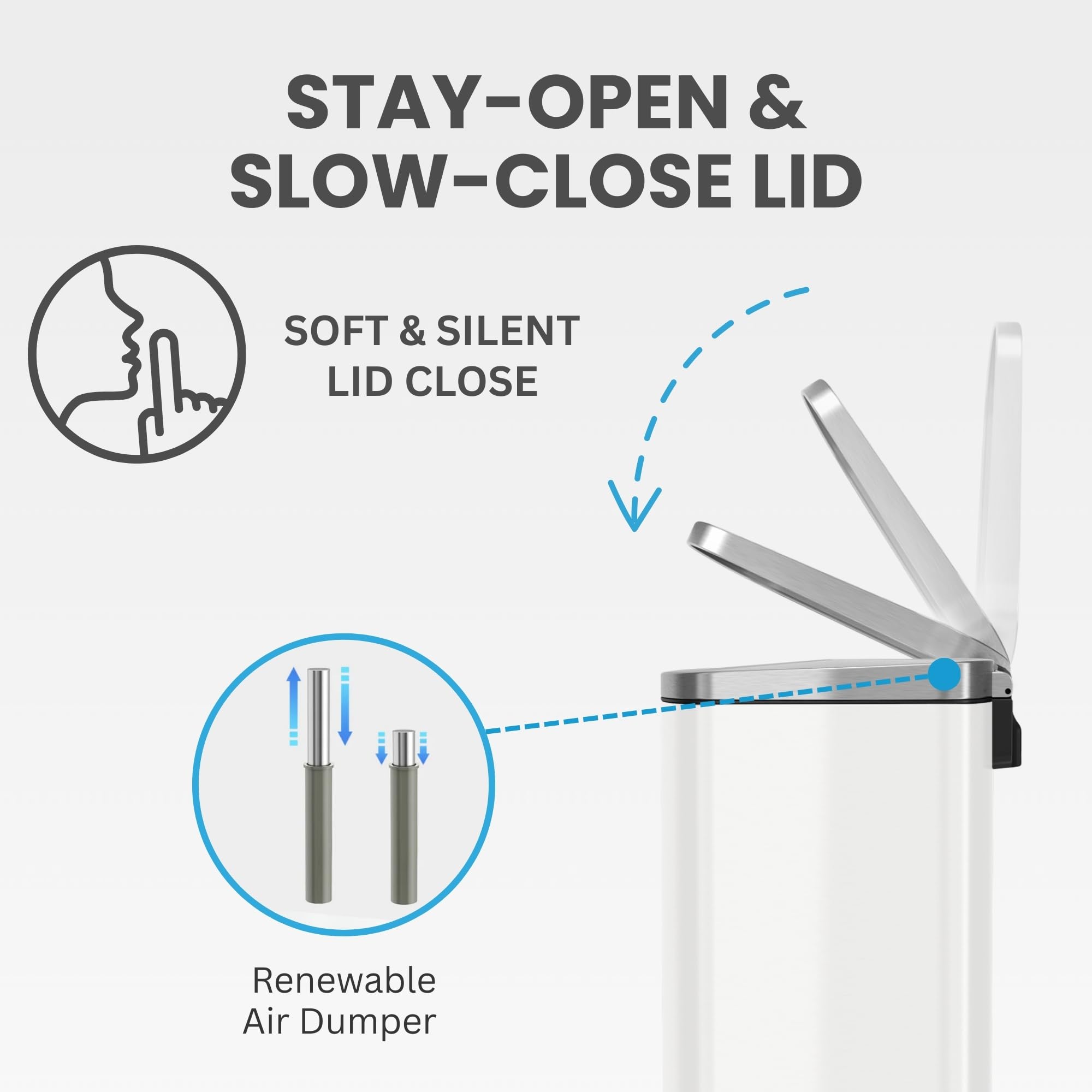 iTouchless AbsorbX filter positioned under lid to reduce odors and freshen interior