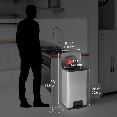 iTouchless scale image with measuring tape showing dimensions and space-saving design