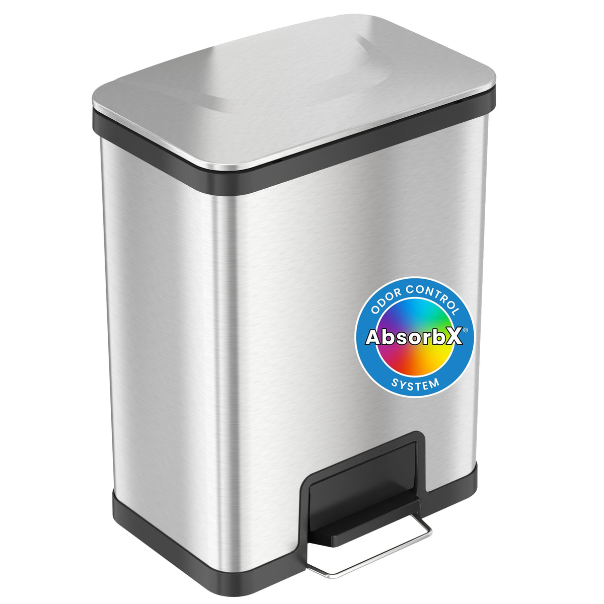 iTouchless Airstep front view stainless steel bin shows sleek finish and space saving design
