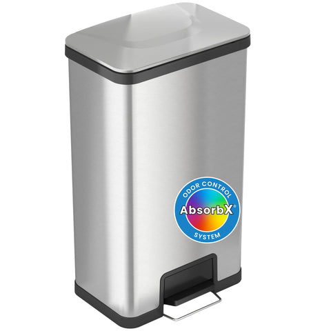 iTouchless front view of stainless steel trash can showing sleek finish and space savings
