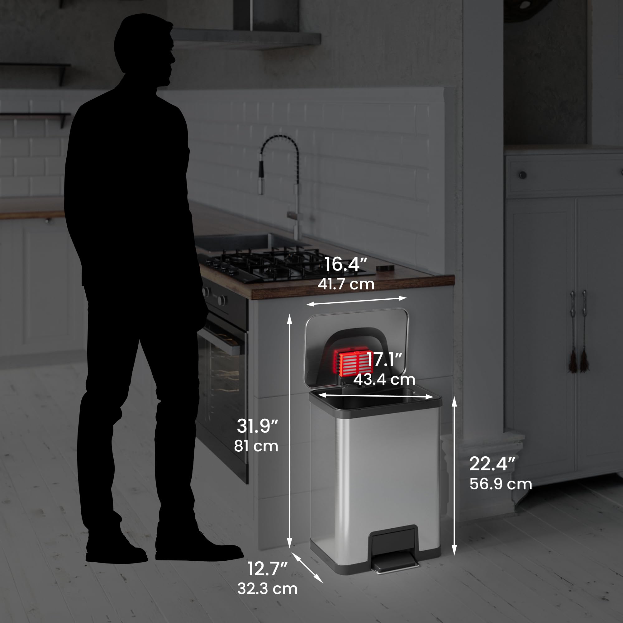 iTouchless Airstep in kitchen lifestyle scene reducing trash smell and saving floor space