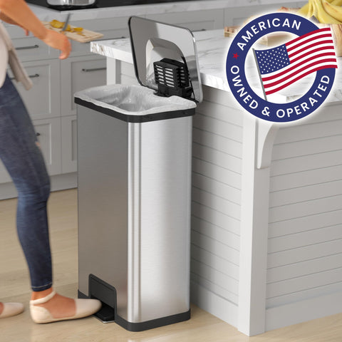 iTouchless lid open revealing 18-gallon capacity and easy bag access for convenience