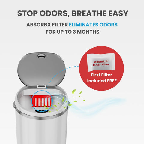 iTouchless bag retainer and air vents displayed, ensuring secure liners and simple removal