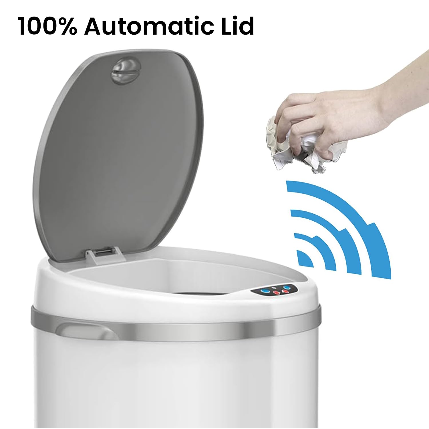 iTouchless lid and sensor close-up highlighting hands-free access and convenience
