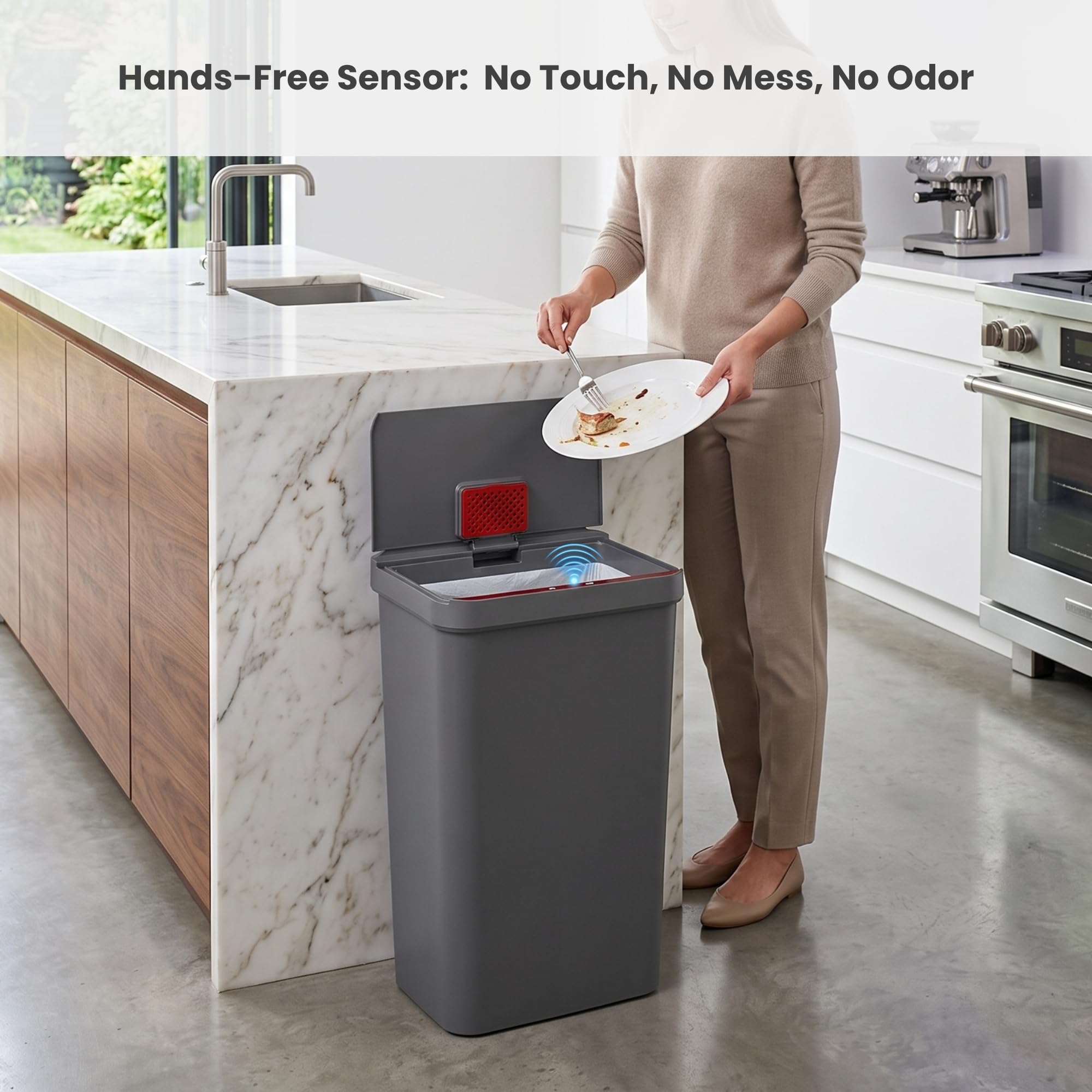 iTouchless closed lid detail highlighting smooth surface for easy cleaning