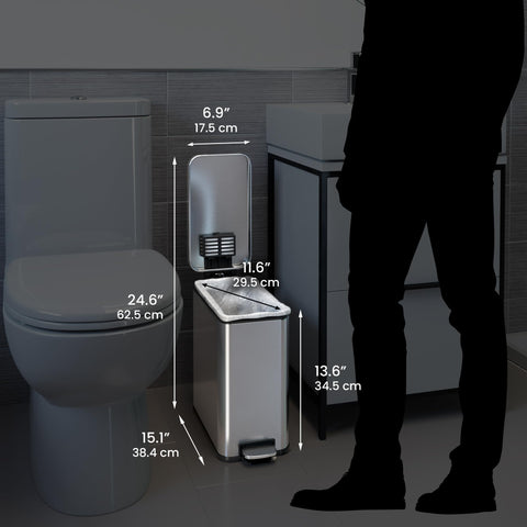 iTouchless positioned between toilet and vanity maximizing tight-space utility