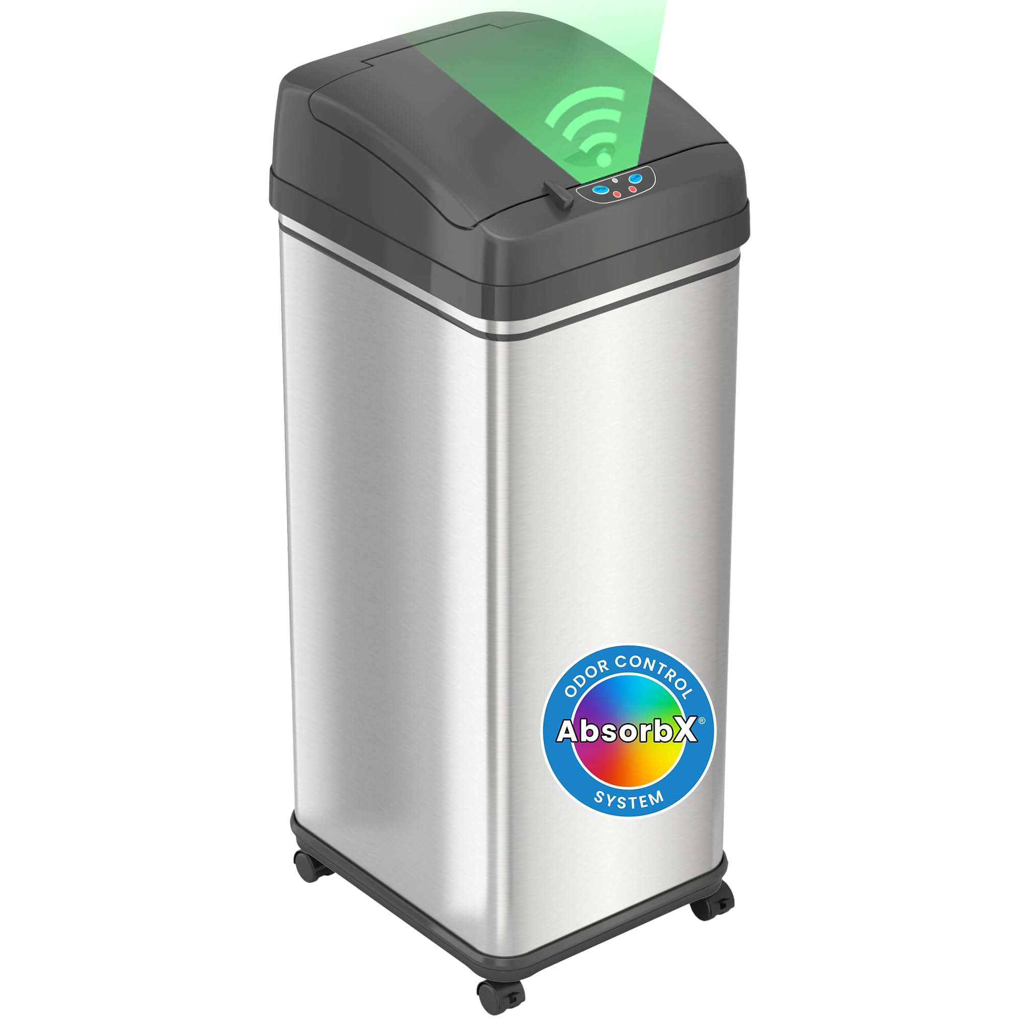 iTouchless front view closed stainless steel, sleek look and easy cleaning