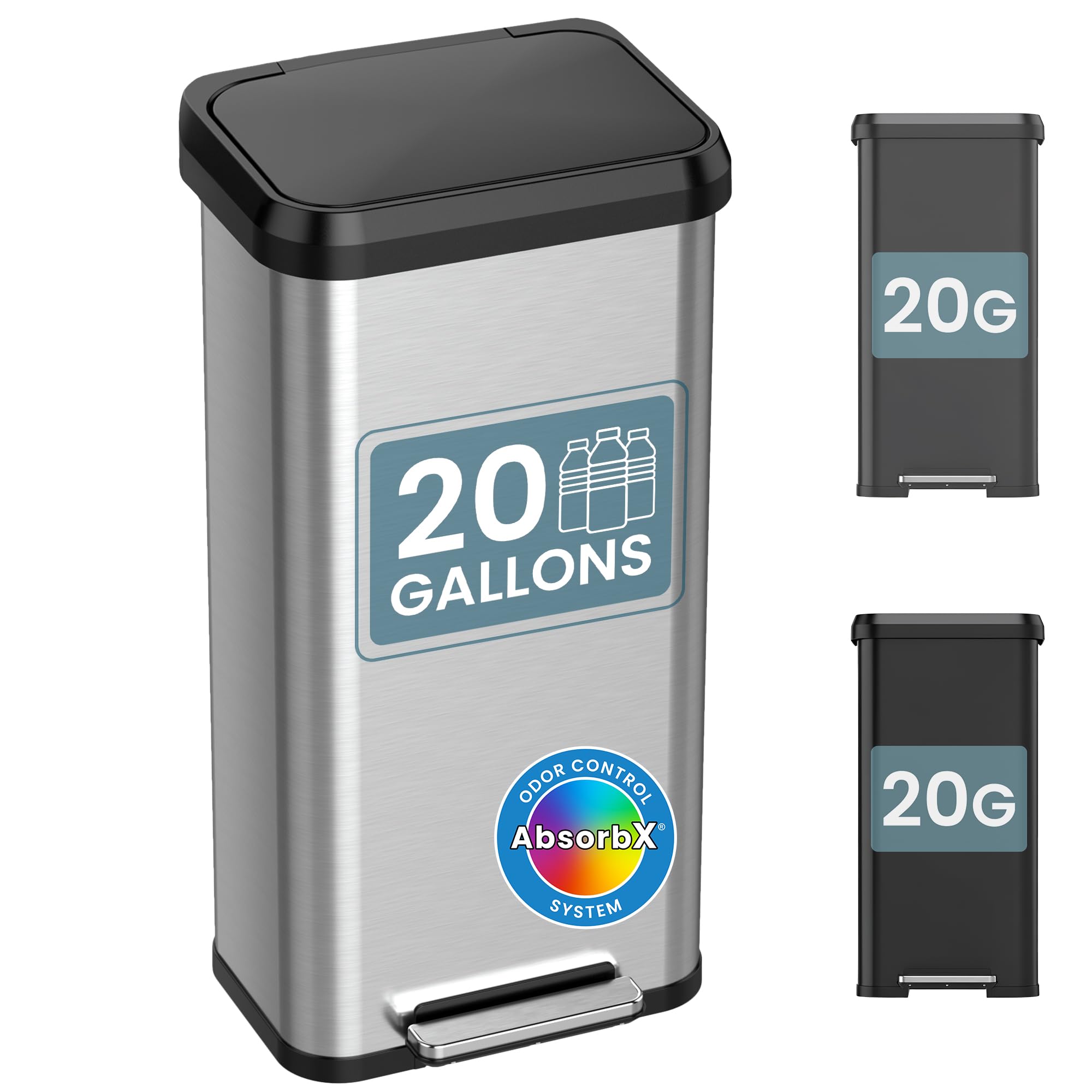 iTouchless front stainless steel bin showing sleek design and large capacity benefit