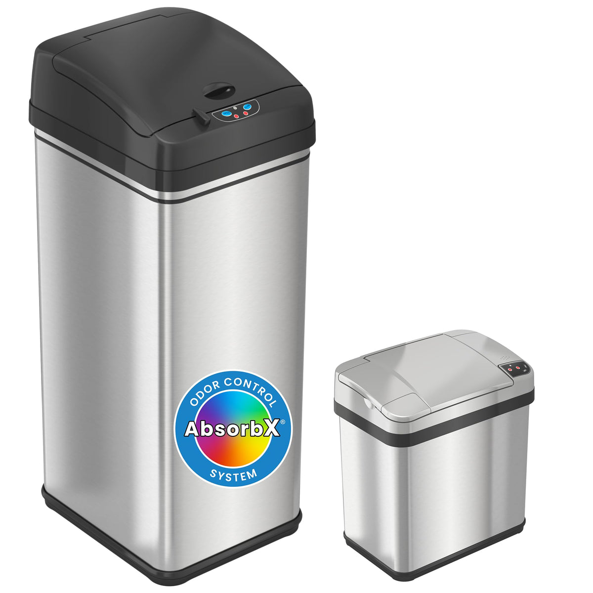 iTouchless front view of 13 and 2.5 gallon cans showing compact, coordinated design and convenience