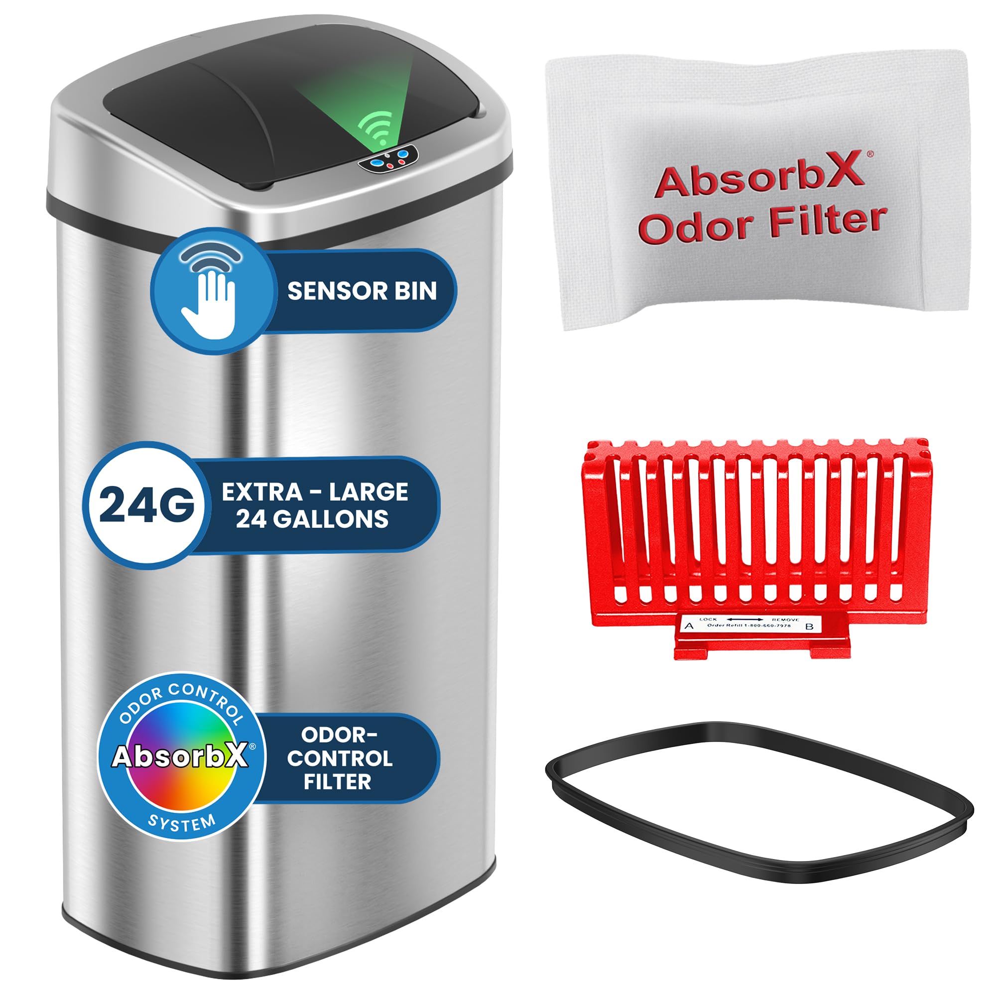 iTouchless front view of 24 gallon trash can showing sleek design and large capacity