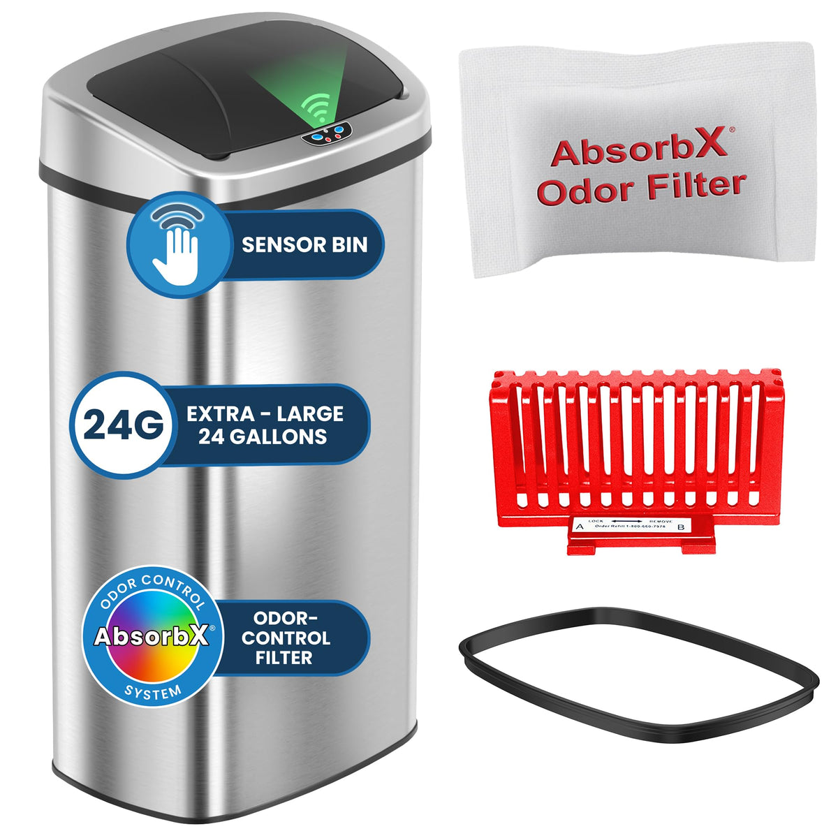 iTouchless front view of 24 gallon trash can showing sleek design and large capacity