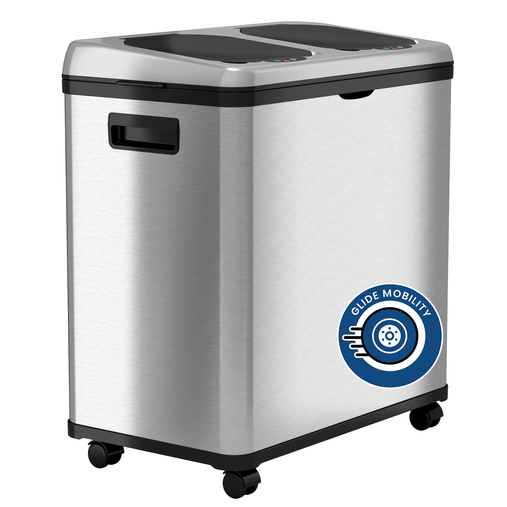 iTouchless front view showing dual-bin design and neat kitchen fit