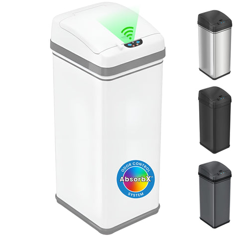 iTouchless front view matte white bin showcasing sleek modern look and space-saving shape