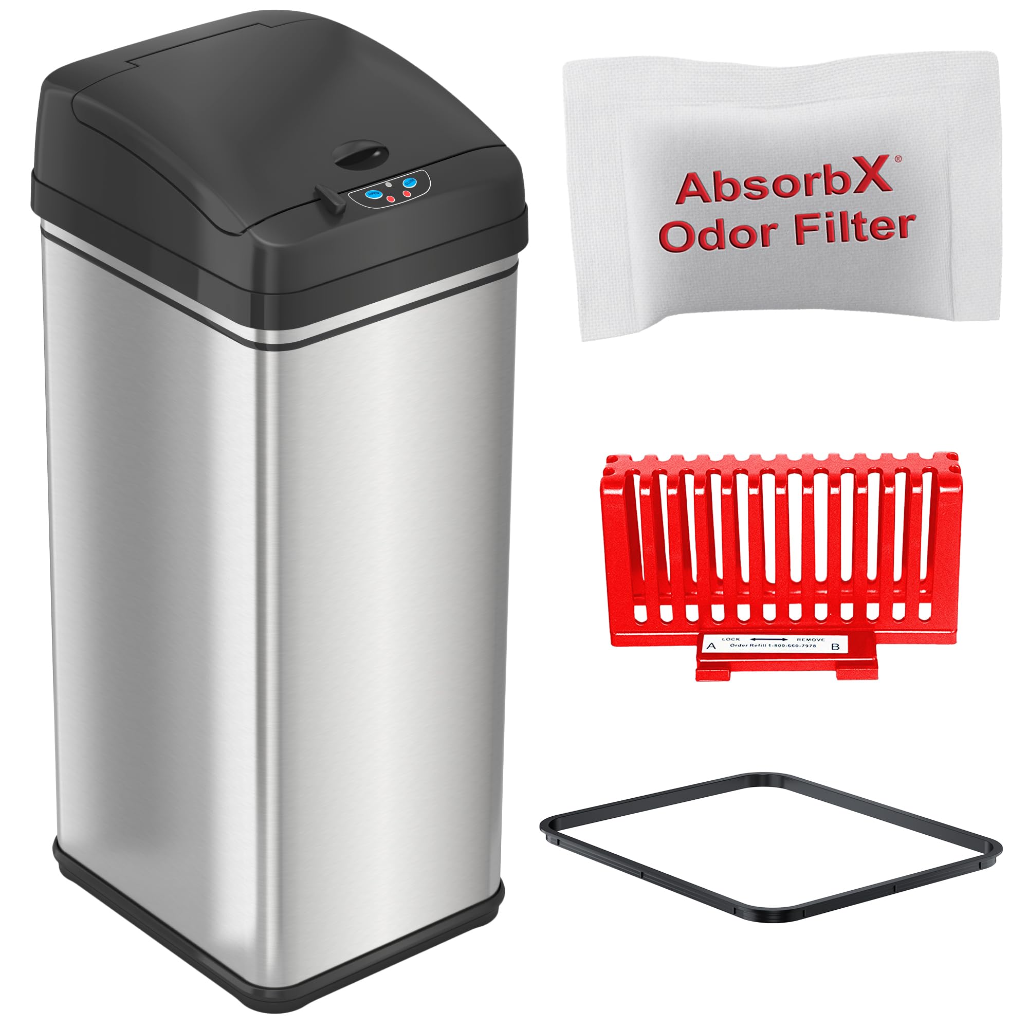 iTouchless front view stainless steel bin showing sleek finish and easy access