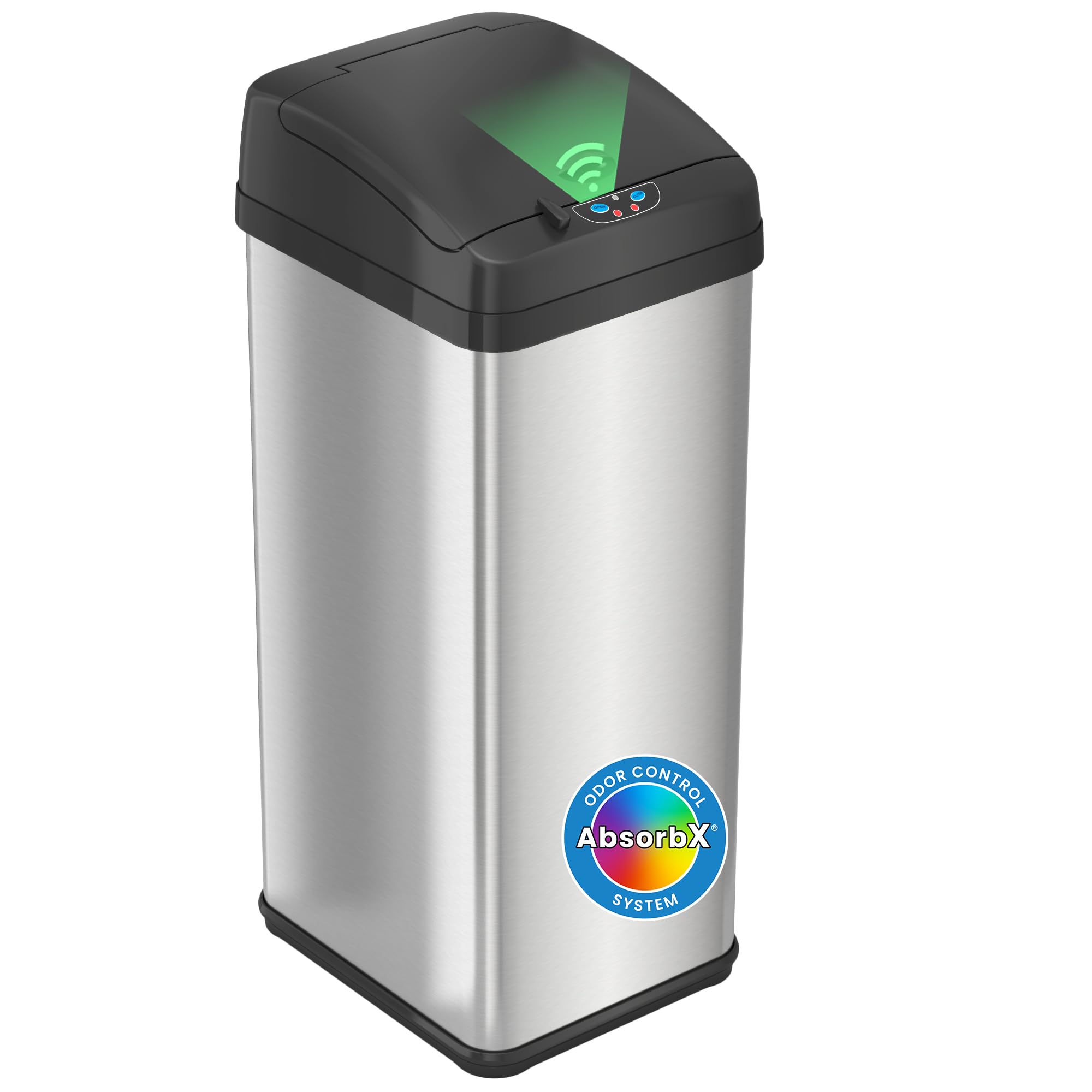 iTouchless front view stainless steel bin showing sleek look and space-saving benefit