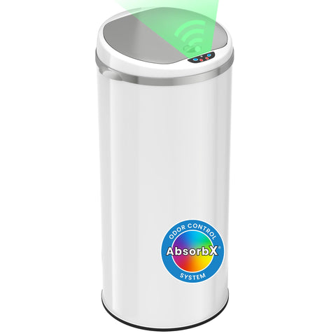 iTouchless front view in white stainless steel showing modern aesthetic and easy cleaning