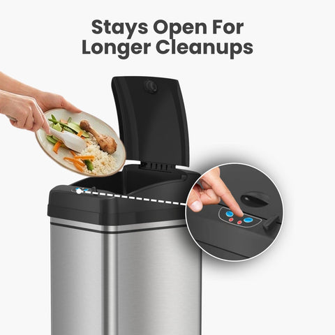 iTouchless shown with a 13-gallon bag installed for larger capacity convenience