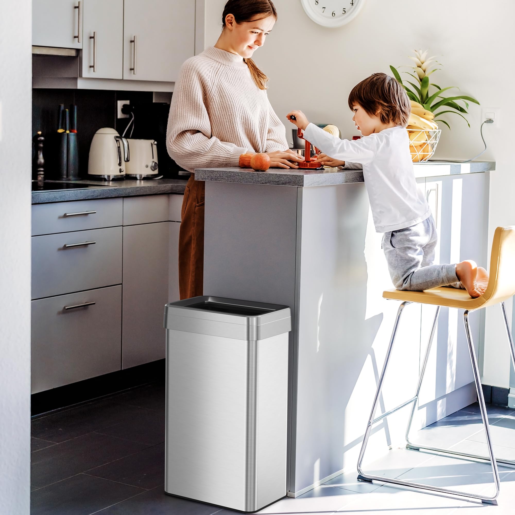 iTouchless trash can in kitchen lifestyle scene keeping space tidy