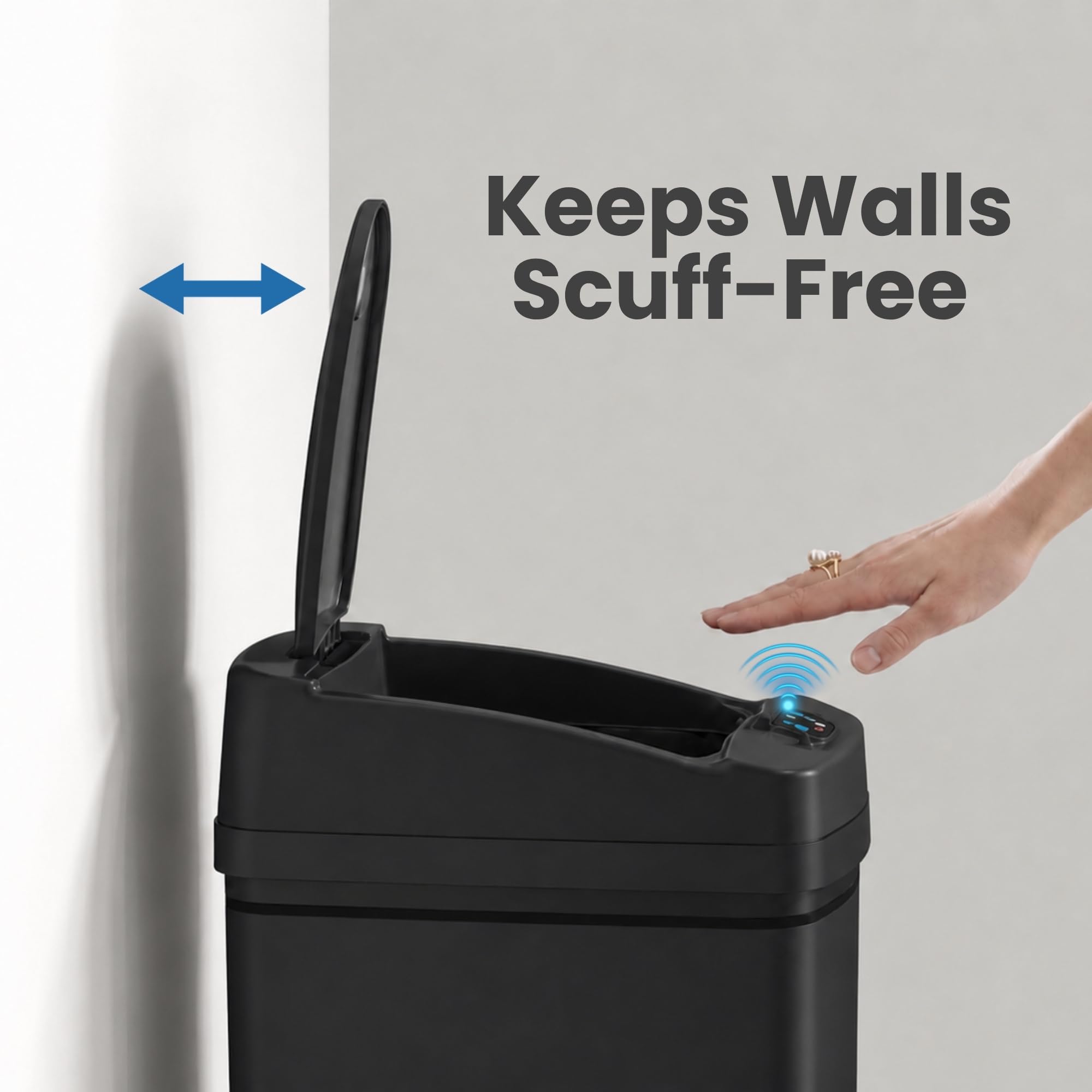 iTouchless in-use with hand motion activating lid for hands-free trash disposal