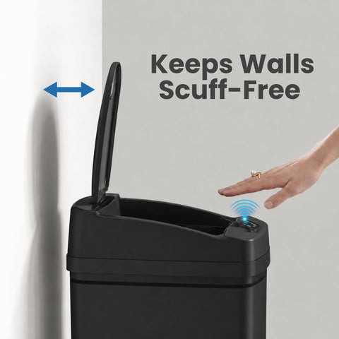 iTouchless in-use with hand motion activating lid for hands-free trash disposal