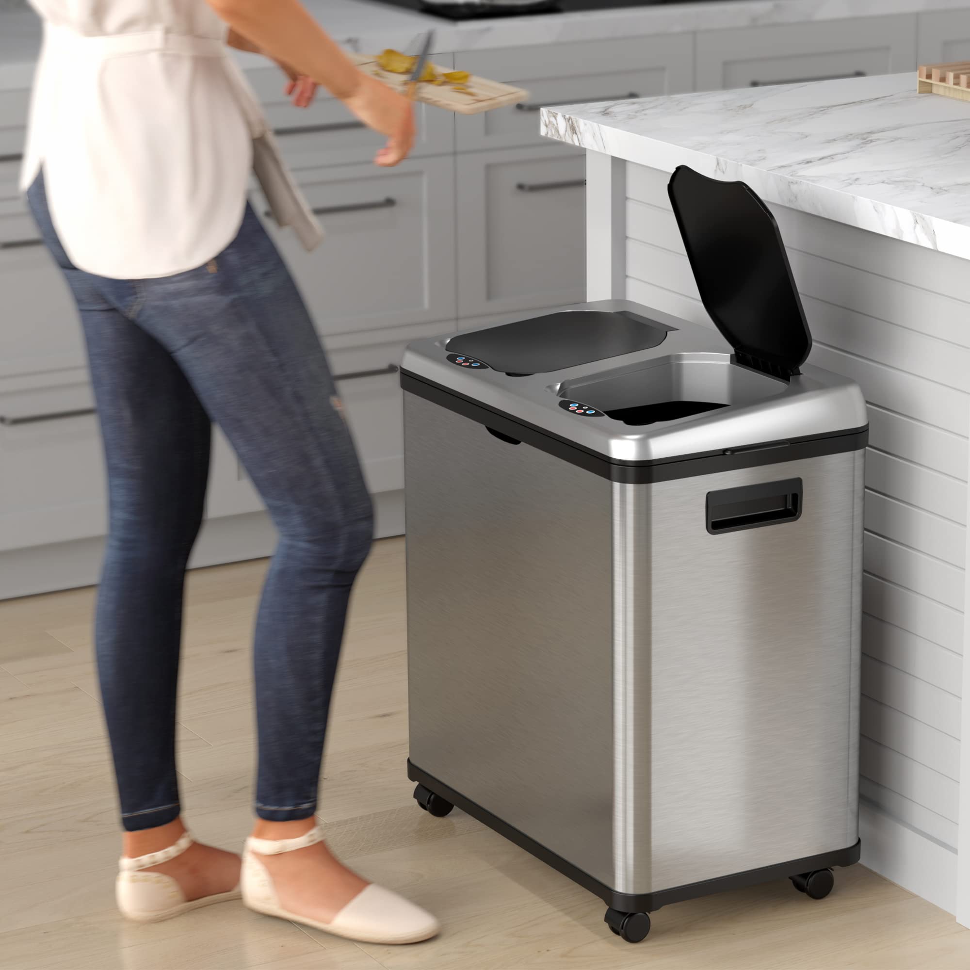 iTouchless removable inner buckets displayed for easy emptying benefit