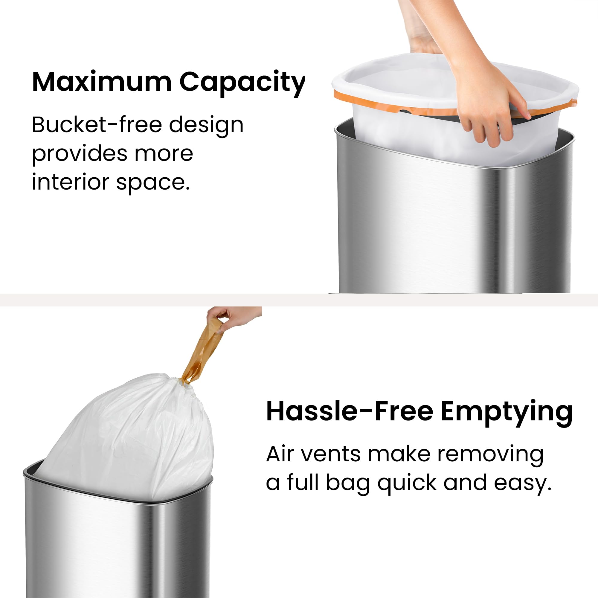 iTouchless interior with standard 24-gallon liner showing easy bag compatibility
