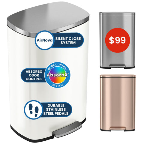 iTouchless front view ivory white bin showing sleek clean design and space-saving benefit