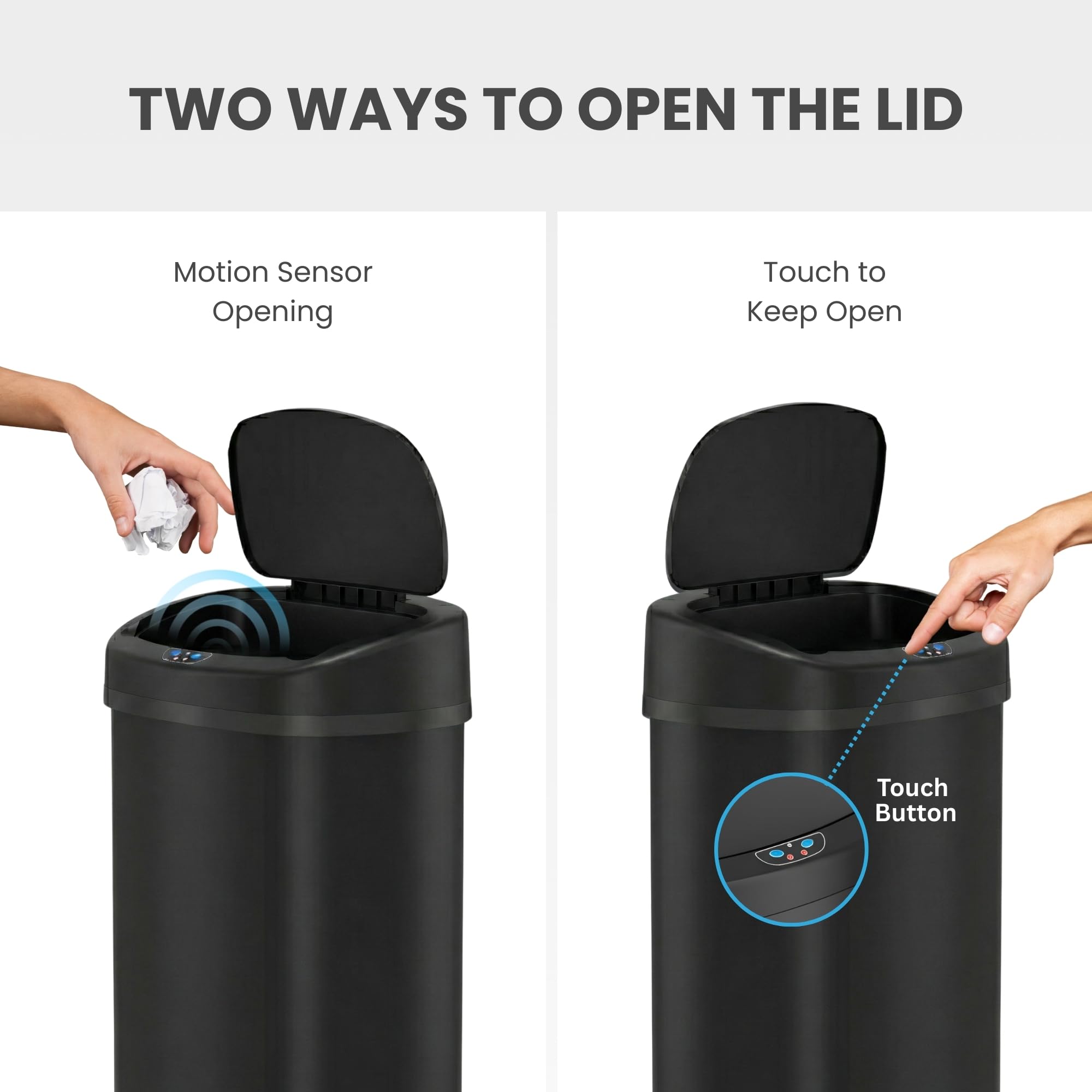 iTouchless sensor and lid close-up showing quick automatic opening benefit