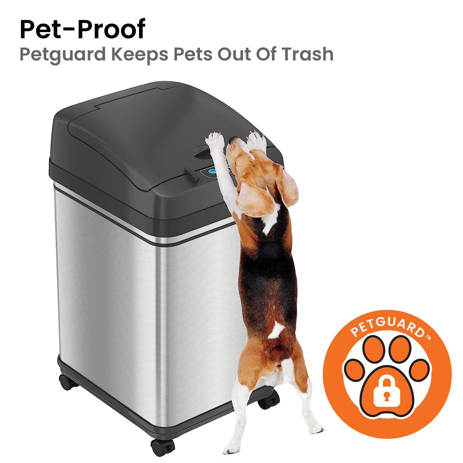iTouchless lid close-up showing PetGuard lock mechanism and pet-resistant protection benefit