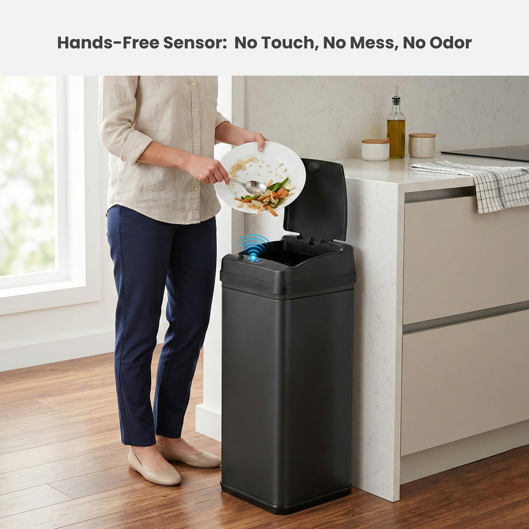 iTouchless close-up of sensor lid demonstrating touchless opening convenience