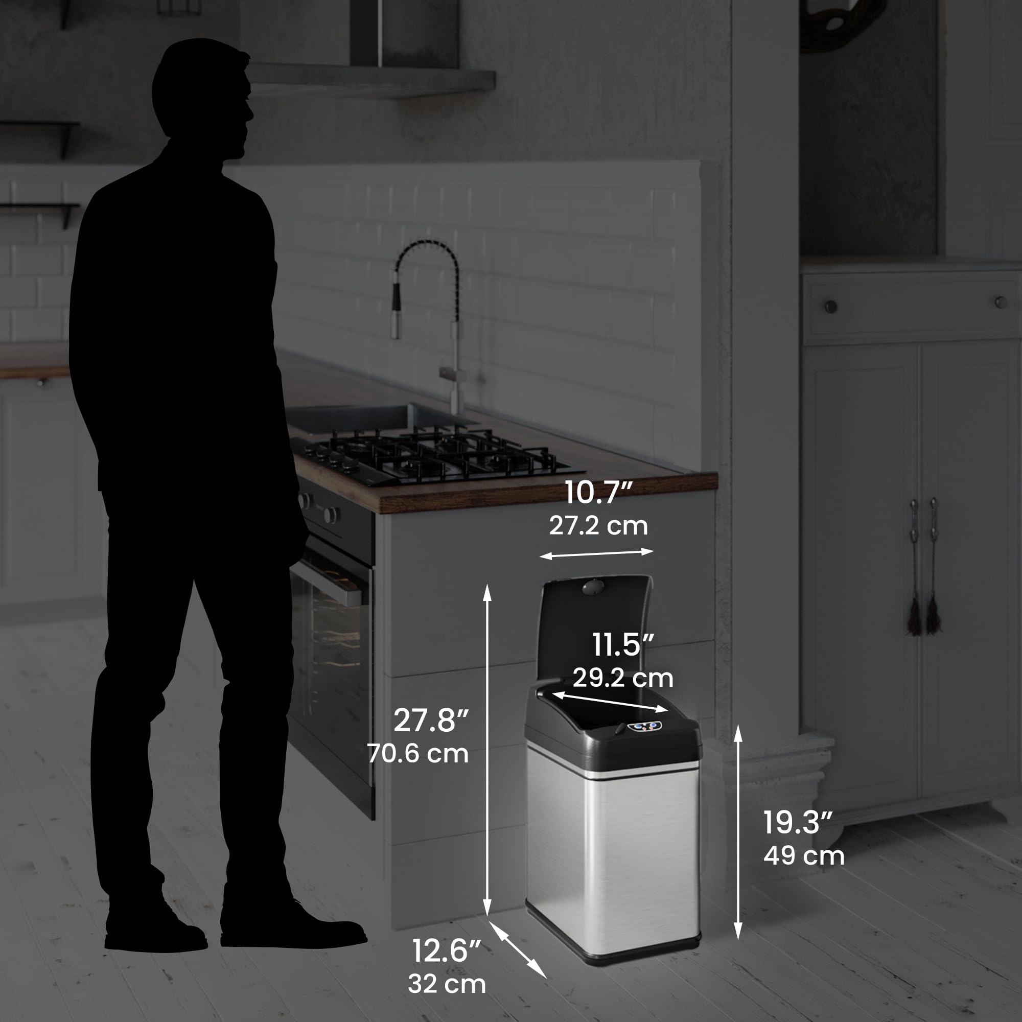 iTouchless placed in kitchen corner demonstrating space-saving design and tidy appearance benefit