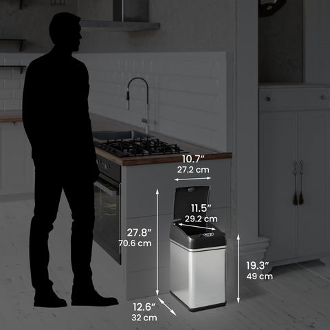 iTouchless placed in kitchen corner demonstrating space-saving design and tidy appearance benefit