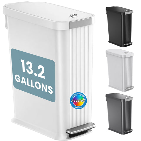 iTouchless matte white front view showing sleek pet waste bin benefit minimizes visual clutter