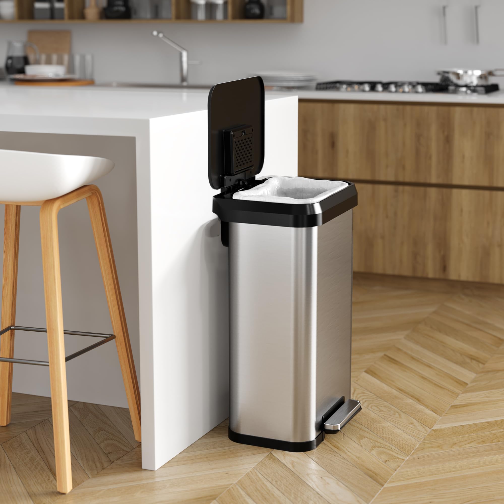 iTouchless open lid and pedal demonstrating hands-free operation and quiet close