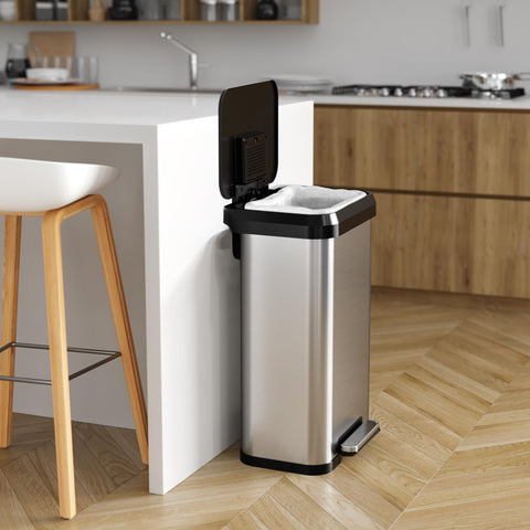iTouchless open lid and pedal demonstrating hands-free operation and quiet close