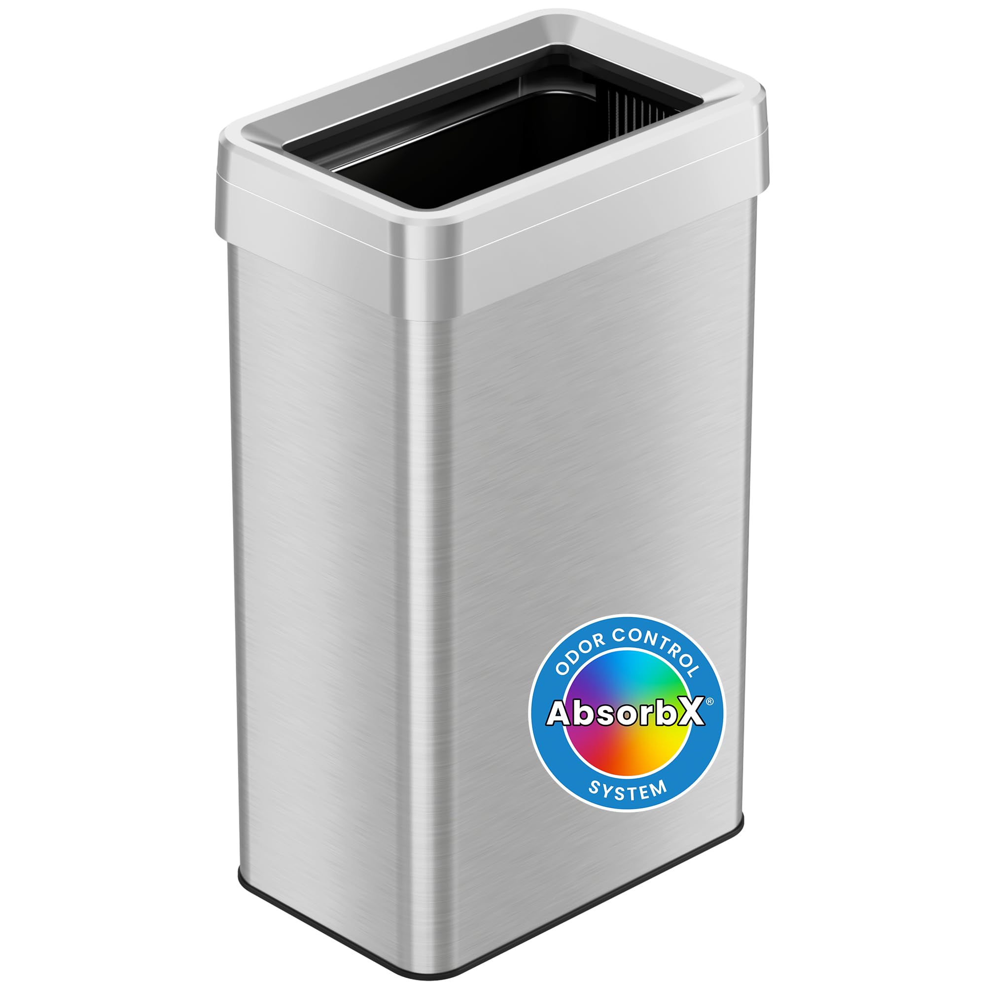 iTouchless open top trash can front view showing sleek design and easy access