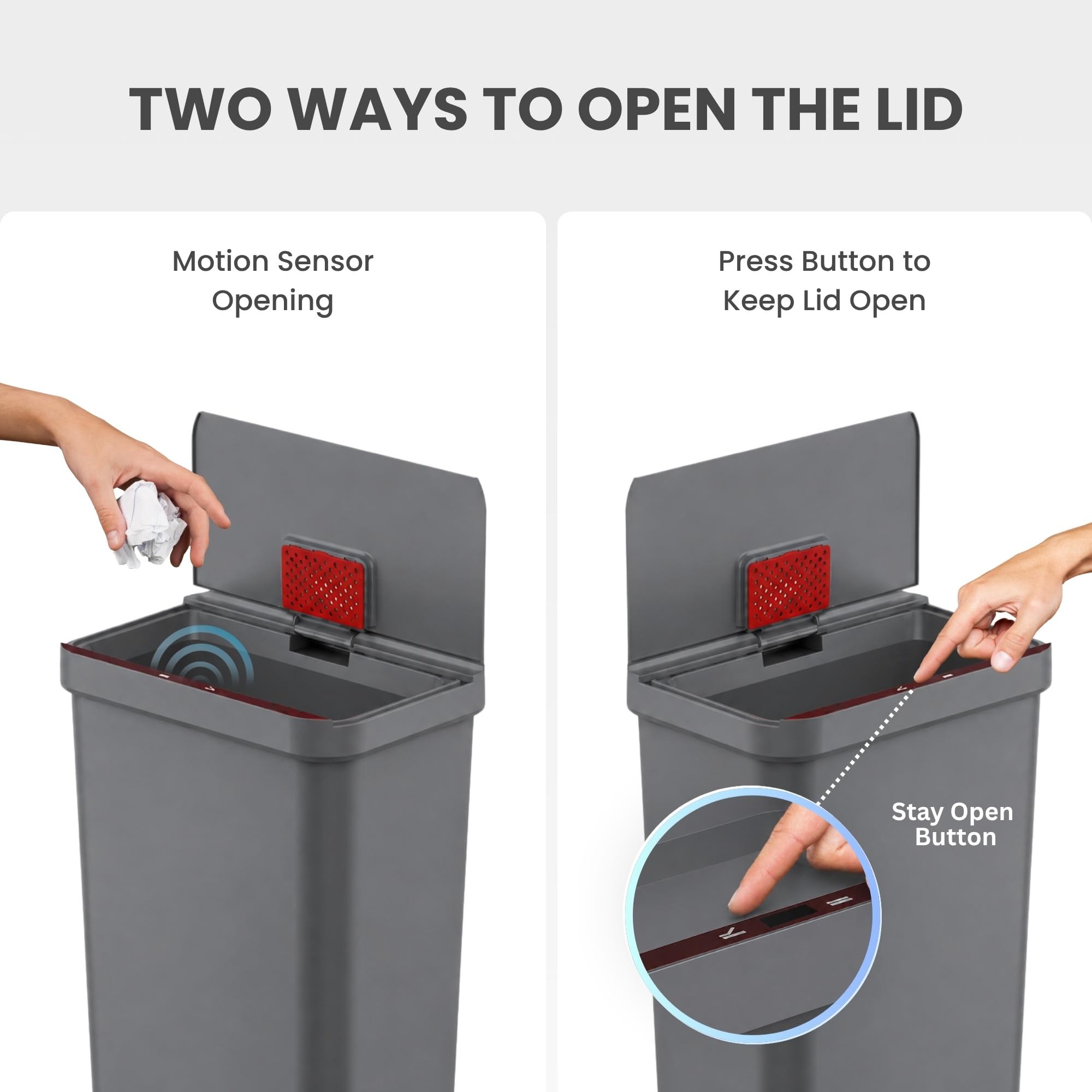 iTouchless open wide mouth demonstrating large opening for bulky waste