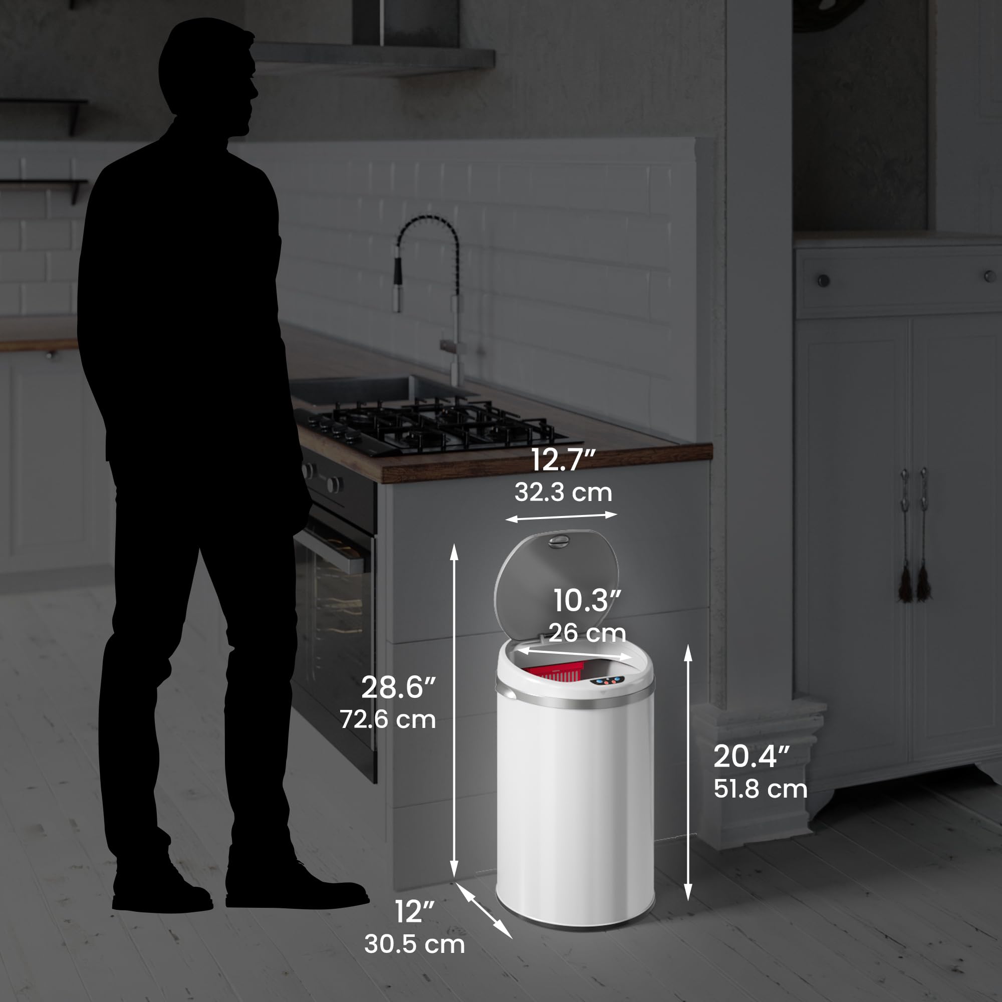 iTouchless size comparison with chair showing compact footprint and space-saving benefit