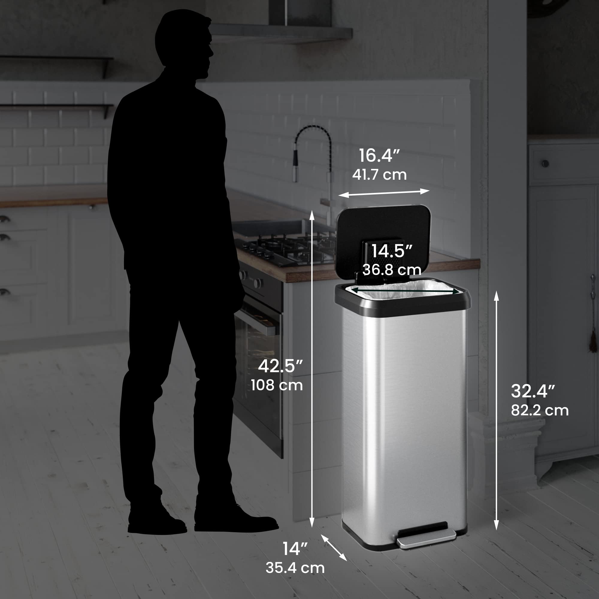 iTouchless beside full recycling bags showing 20‑gallon capacity and time-saving benefit