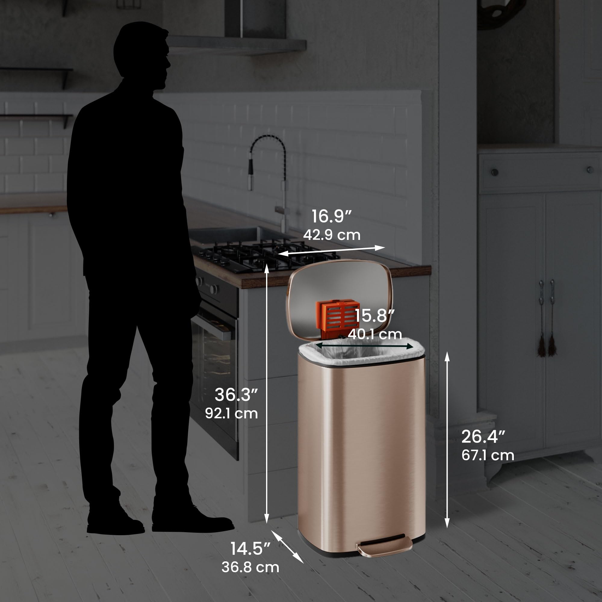 iTouchless beside kitchen counter showing 13-gallon scale and space-saving footprint