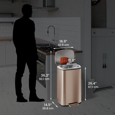 iTouchless beside kitchen counter showing 13-gallon scale and space-saving footprint