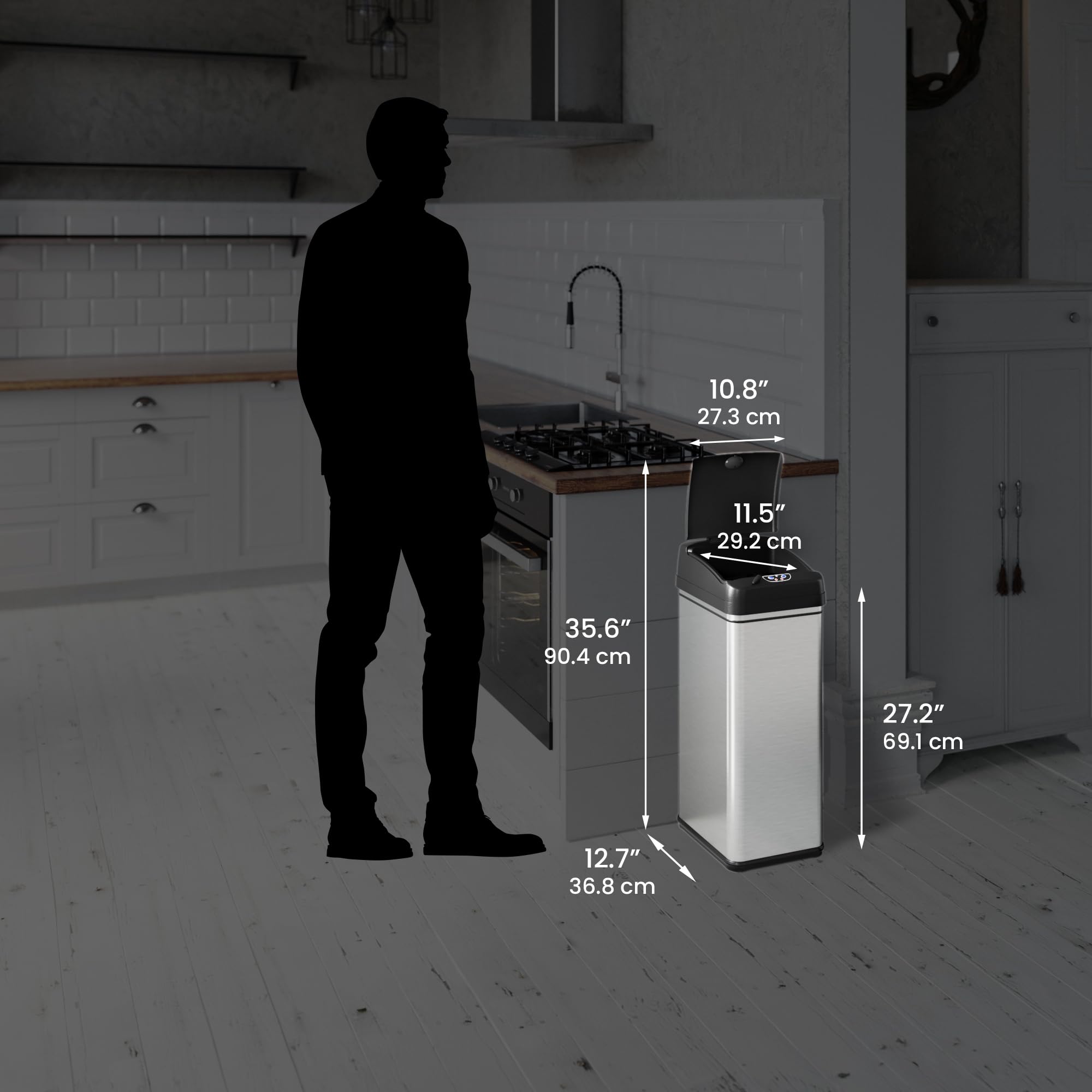 iTouchless size comparison showing 13‑gallon next to 2.5‑gallon to illustrate scale and placement options