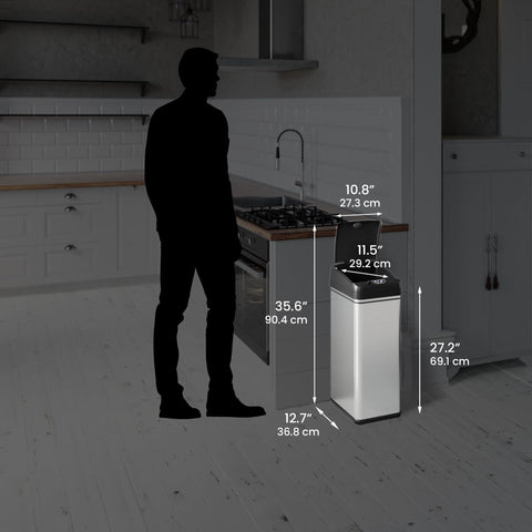 iTouchless size comparison showing 13‑gallon next to 2.5‑gallon to illustrate scale and placement options