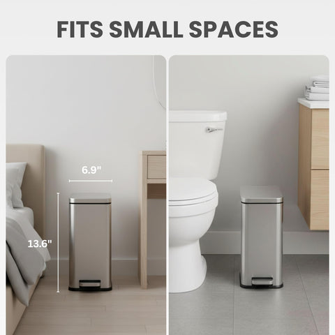 iTouchless next to ruler showing 3-gallon capacity and compact footprint