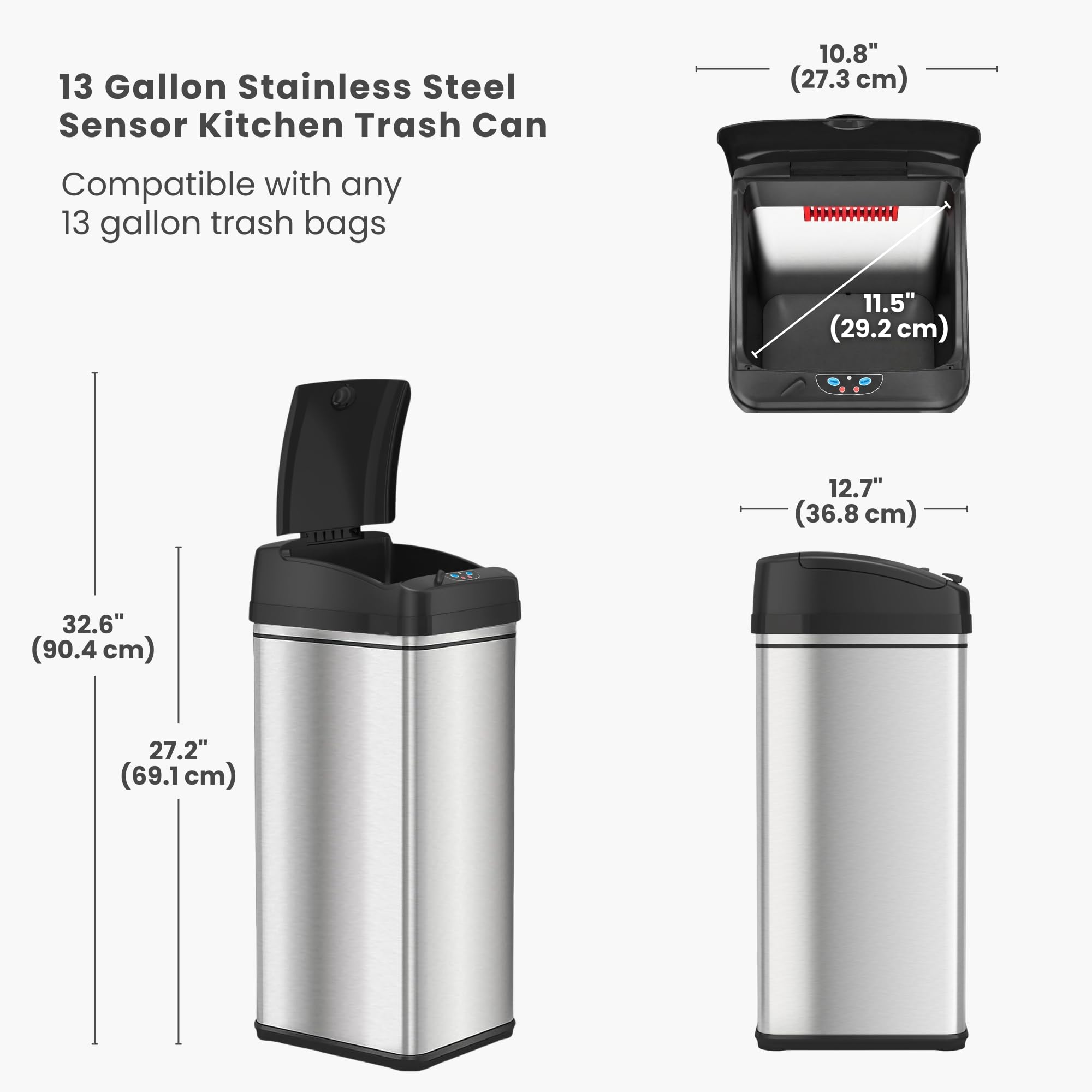 iTouchless size scale comparison showing 13-gallon capacity advantage