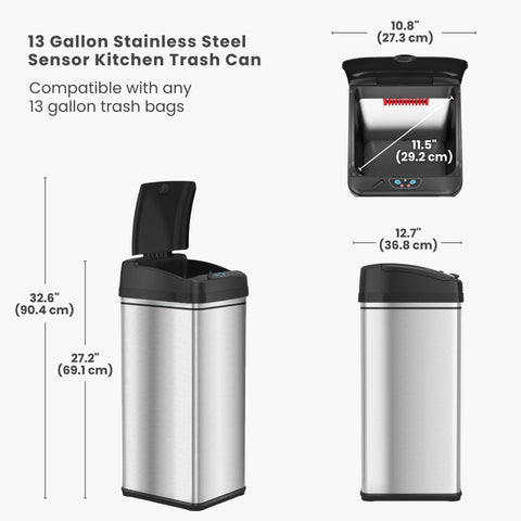 iTouchless size scale comparison showing 13-gallon capacity advantage
